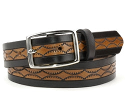 Our custom Two-Tone Black and Brown belt features a half circle pattern on the brown interior with a plain black edging. This Leather Belt is hand-dyed and hand tooled creating a unique design and color.  It is available in 2 different widths.