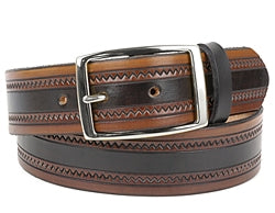 Our custom Two-Tone Brown Zig Zag Leather Belt is hand-dyed and hand tooled creating a unique design and color. This belt is a two-tone color of brown edges and a black interior. It is available in 3 different widths.