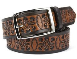 Our custom Two-Tone Celtic Design Leather Belt is hand-dyed and hand tooled creating a unique design and color. The Celtic design is very detailed throughout the middle of the belt in black with a brown interior. The edging of the belt is plain black and is available in 1 width only. 
