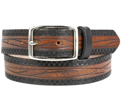 Our custom Vine Pattern Leather Belt is hand-dyed and hand tooled creating a unique design and color. The black vine design intertwines throughout the belt on a chocolate background with a solid black border on both sides. The belt is available in 1 width.