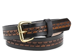 Our custom Two-Tone Barbed Wire Design Leather Belt is hand-dyed and hand tooled creating a unique design and color. The barbed wire design is continuous throughout the middle of the belt in black with a brown interior. The edging of the belt is plain black and is available in 1 width only.
