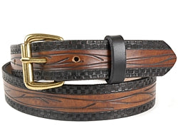 Our custom Vine Pattern Leather Belt is hand-dyed and hand tooled creating a unique design and color. The black vine design intertwines throughout the belt on a chocolate background with a solid black border on both sides. The belt is available in 1 width.