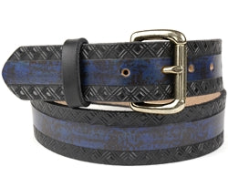 Our custom Two-Tone Marbled Design Leather Belt is hand-dyed and hand tooled creating a unique design and color. The blue marbled design is continuous throughout the middle of the belt with a crisscross design on both edges of the belt in black. This belt is available in 2 widths. 